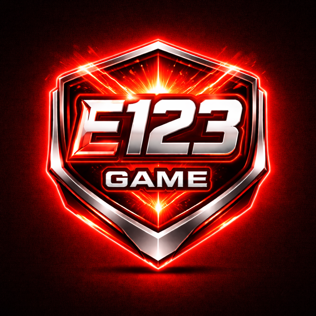 Red glowing “E123 GAME” logo with metallic text inside a shield shape.